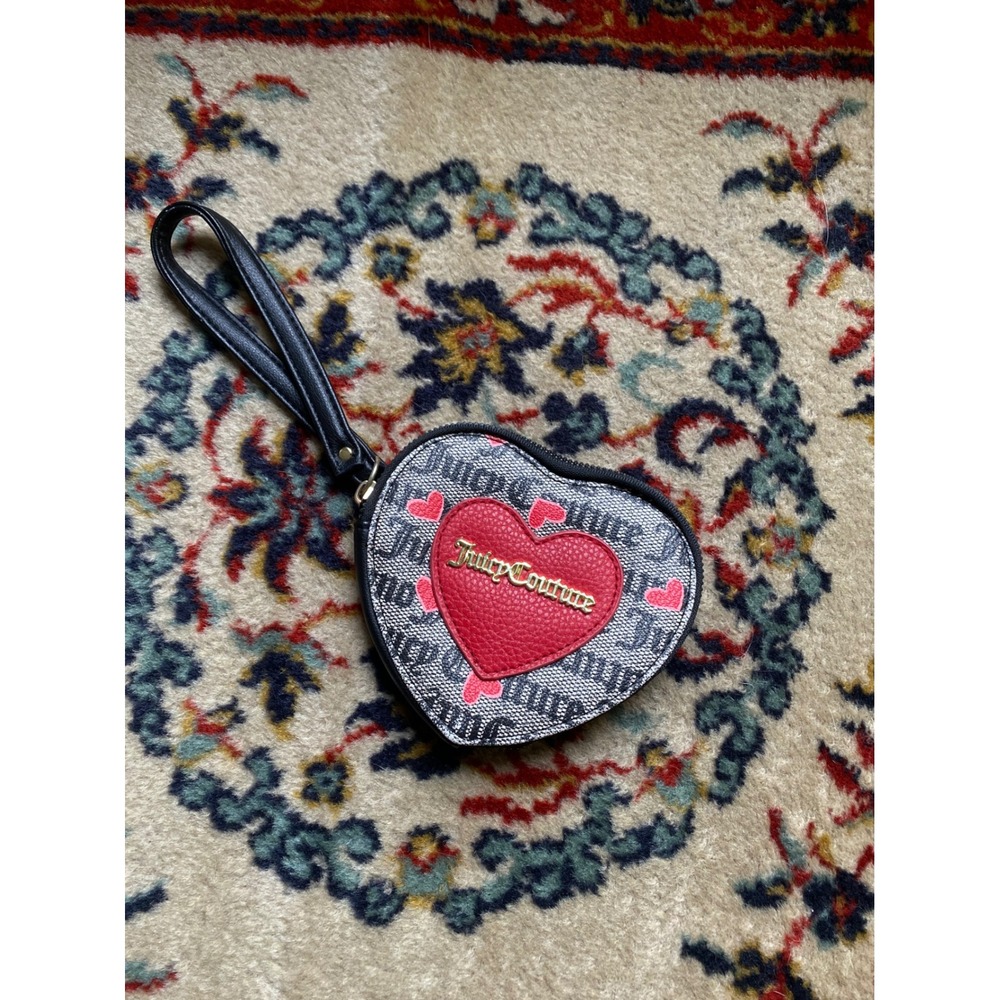 Juicy Couture Heart Wristlet Coin Purse Black Grey Gothic Logo Monogram Heart
